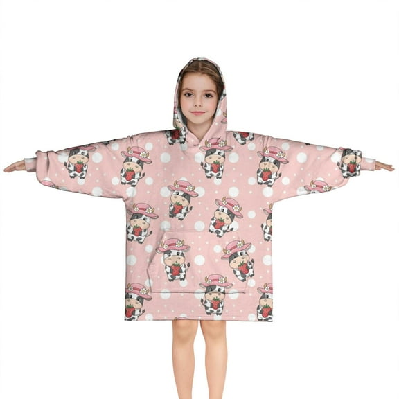 Pink Cow Strawberry Hat Pattern Blanket Hoodies for Kids 6-13YR Oversize Wearable Blanket Hoodies for Boys Girls Teens
