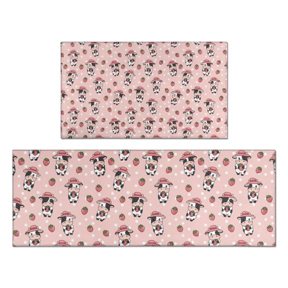 Pink Cow Strawberry Hat Pattern Kitchen Rugs Sets Of 2,Anti Fatigue Kitchen Mat Rugs Non Slip Washable,Decorative Kitchen Floor Mats for Kitchen,Sink,Laundry,17"x30"+17"x47"