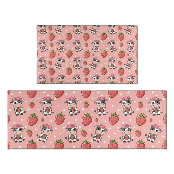 Pink Cow Strawberry Hat Pattern Kitchen Rugs Sets Of 2,Anti Fatigue Kitchen Mat Rugs Non Slip Washable,Decorative Kitchen Floor Mats for Kitchen,Sink,Laundry,17"x30"+17"x47"
