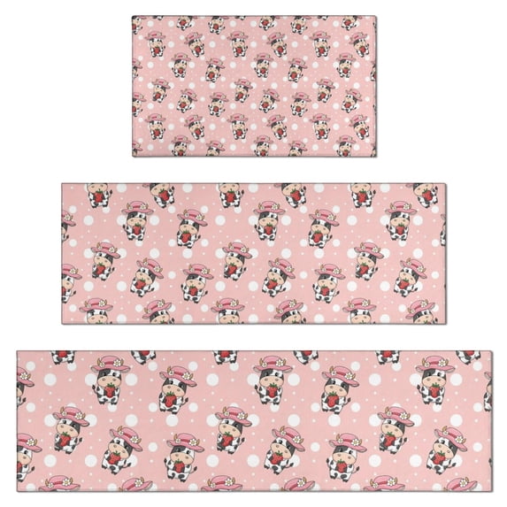 Pink Cow Strawberry Hat Pattern Kitchen Rugs Sets Of 3,Kitchen Runner Rugs Non Skid Washable,Decorative Kitchen Floor Mats for Kitchen,Sink,Laundry,17"x30"+ 17"x47" + 17"x59"
