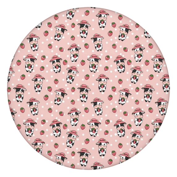 Pink Cow Strawberry Hat Pattern Round Fitted Tablecloth with Elastic Edge,Dining Table Cover Waterproof,Outdoor Round Tablecloth for Camping,Dining,Indoor and Outdoor