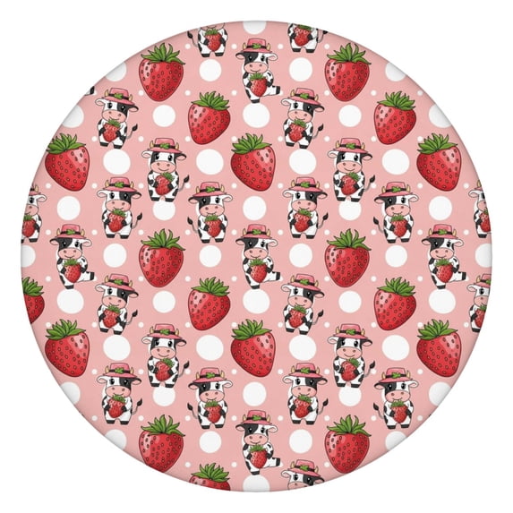 Pink Cow Strawberry Hat Pattern Round Fitted Tablecloth with Elastic Edge,Dining Table Cover Waterproof,Outdoor Round Tablecloth for Camping,Dining,Indoor and Outdoor