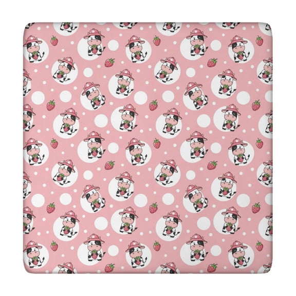 Pink Cow Strawberry Hat Pattern Square Fitted Tablecloth with Elastic Edge,Square Table Cover,Washable Elastic Table Cover for Home Kitchen Party Decor 34"x34"