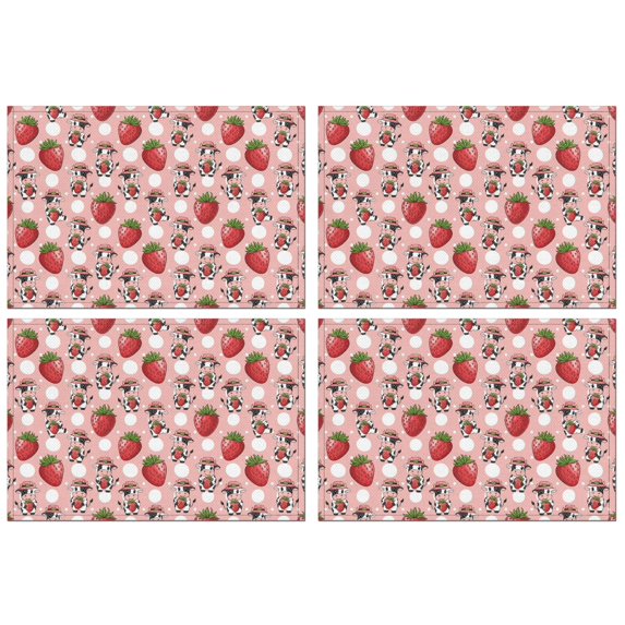 Pink Cow Strawberry Hat Pattern Summer Placemats Table Placemats Set Of 4-Linen Kitchen Washable Placemats Table Mats 11.8"x17.7" Non-Slip Heat Resistant