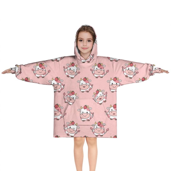 Pink Cow Strawberry Head Pattern Blanket Hoodies for Kids 6-13YR Oversize Wearable Blanket Hoodies for Boys Girls Teens