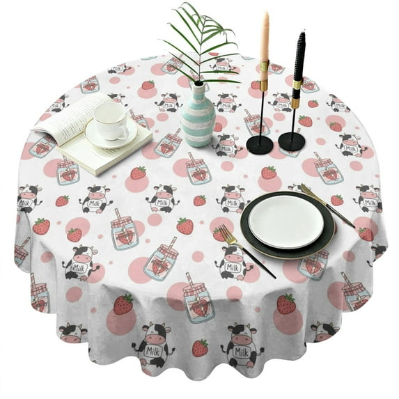 Pink Cow Strawberry Jar Pattern Round Tablecloth 60"x60",Wrinkle Wipeable Table Cloth for Kitchen Dining Room Picnic Patio Party