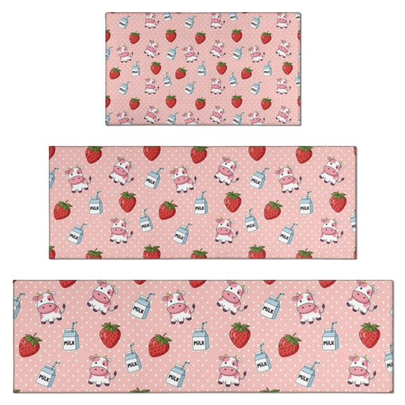 Pink Cow Strawberry Milk Pattern Kitchen Rugs Sets Of 3,Kitchen Runner Rugs Non Skid Washable,Decorative Kitchen Floor Mats for Kitchen,Sink,Laundry,17"x30"+ 17"x47" + 17"x59"