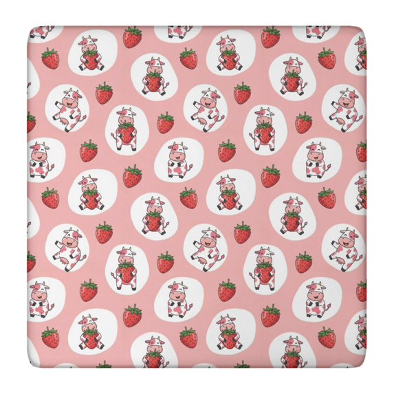 Pink Cow Strawberry Oval Pattern Square Fitted Tablecloth with Elastic Edge,Square Table Cover,Washable Elastic Table Cover for Home Kitchen Party Decor 36in(91cm)