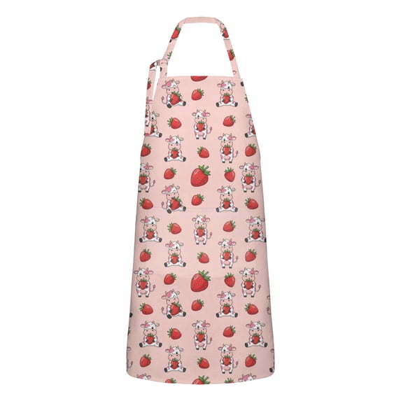 Pink Cow Strawberry Pattern Apron-Garden Aprons for Women with Pockets-Cotton Linen Waterproof Kitchen Cooking Gardening Aprons Adjustable for Kitchen,Cooking,BBQ and Salon 33x27 Inch