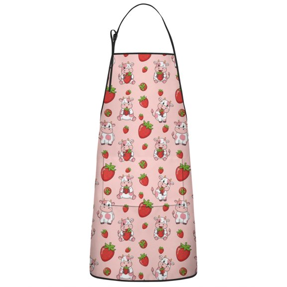 Pink Cow Strawberry Pattern Apron-Garden Aprons for Women with Pockets-Cotton Linen Waterproof Kitchen Cooking Gardening Aprons Adjustable for Kitchen,Cooking,BBQ and Salon 33x27 Inch