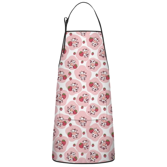 Pink Cow Strawberry Pattern Apron-Garden Aprons for Women with Pockets-Cotton Linen Waterproof Kitchen Cooking Gardening Aprons Adjustable for Kitchen,Cooking,BBQ and Salon 33x27 Inch