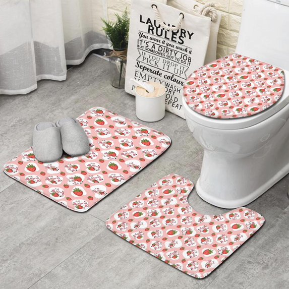 Pink Cow Strawberry Pattern Bathroom Rugs Sets 3 Piece,Toilet Cover Set,Absorbent Non Slip Bathroom Mats Sets with U-Shaped Contour Rug Toilet Rug Set