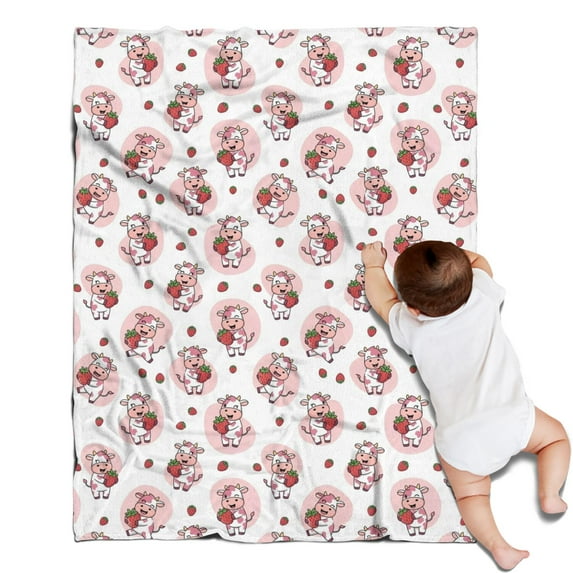 Pink Cow Strawberry Pattern Blanket,Comfortable Soft Flannel Throw Blanket,All Season,Warm Lightweight Blankets for Sofa Bed Couch Living Room Chair,30"x40"