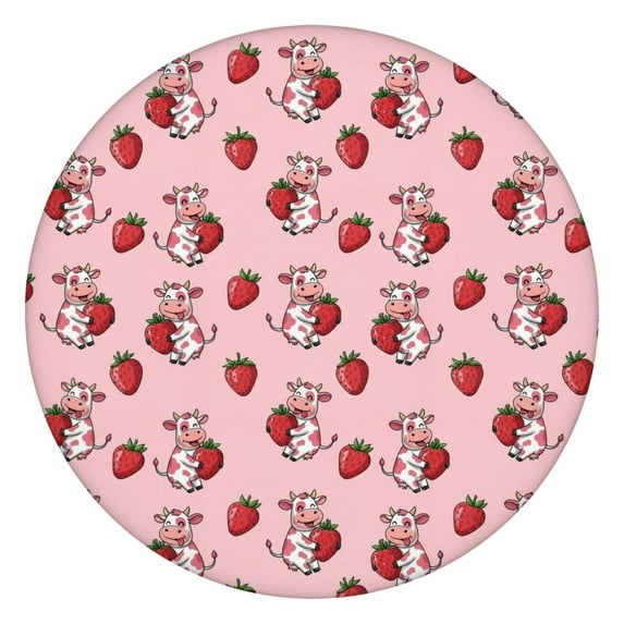 Pink Cow Strawberry Pattern Round Fitted Tablecloth with Elastic Edge,Dining Table Cover Waterproof,Outdoor Round Tablecloth for Camping,Dining,Indoor and Outdoor