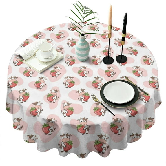 Pink Cow Strawberry Pattern Round Tablecloth 60"x60",Wrinkle Wipeable Table Cloth for Kitchen Dining Room Picnic Patio Party