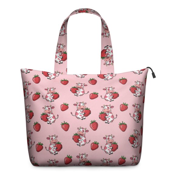 Pink Cow Strawberry Pattern Travel Tote Bags for Women Carry On,Large Weekender Bags for Women Travel,Multi Functional Duffle Bag for Work,Shopping,Sports