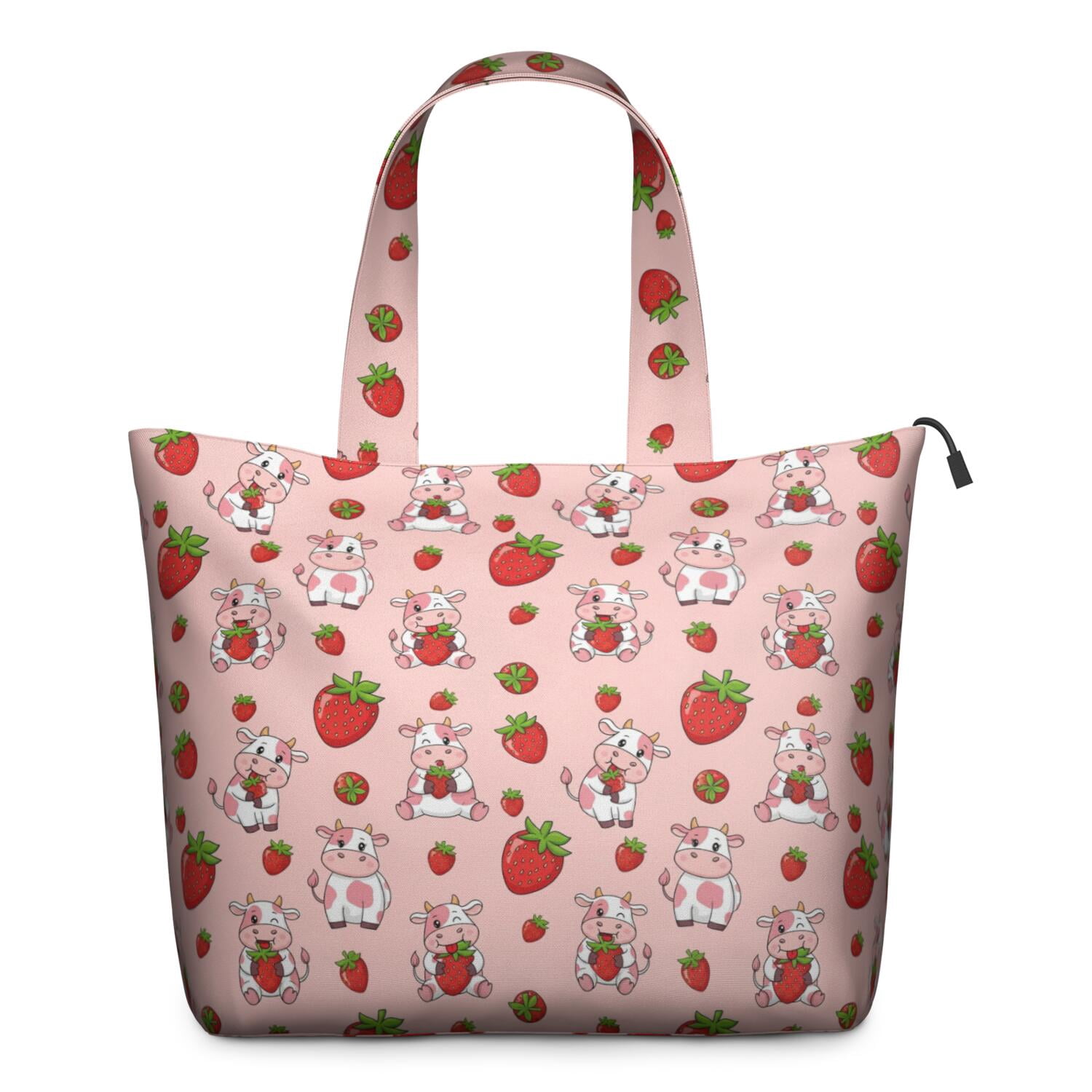 Pink Cow Strawberry Pattern Travel Tote Bags for Women Carry On,Large Weekender Bags for Women Travel,Multi Functional Duffle Bag for Work,Shopping,Sports