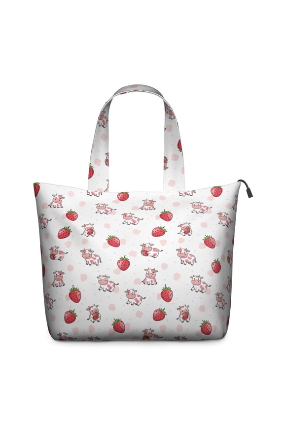 Pink Cow Strawberry Pattern Travel Tote Bags for Women Carry On,Large Weekender Bags for Women Travel,Multi Functional Duffle Bag for Work,Shopping,Sports