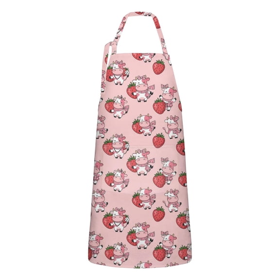 Pink Cow Strawberry Scarf Pattern Apron-Garden Aprons for Women with Pockets-Cotton Linen Waterproof Kitchen Cooking Gardening Aprons Adjustable for Kitchen,Cooking,BBQ and Salon 33x27 Inch