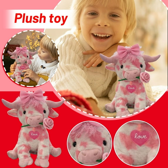 Pink Cow Stuffed Animal, Valentines 13.8inch Highland Cow Plush Toy with Bow& Rose, Soft Plush Pillow for Kids Boys Girls, Collectible Scottish Cow Doll Gifts for Girlfriends Lover