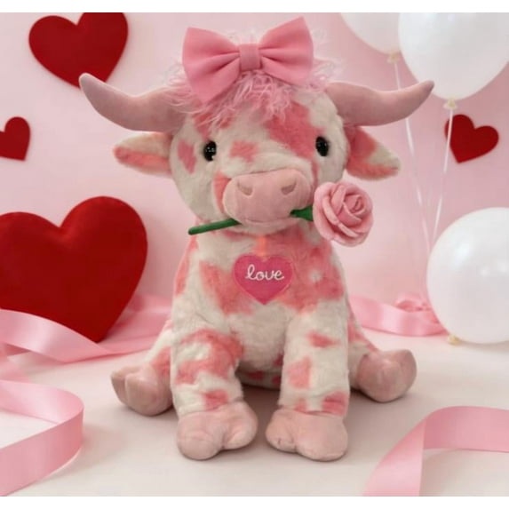 Pink Cow Stuffed Animal, Valentines Day Highland Cow Plush Toy with Bow& Rose, Kawaii Plush Doll for Kids Baby Girls Boys, Cute Highland Cow Plush Gifts for Girlfriends Lover
