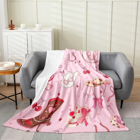 Pink Cowboy Boot Blanket with Cherry and Bow Print for Sofa Bed