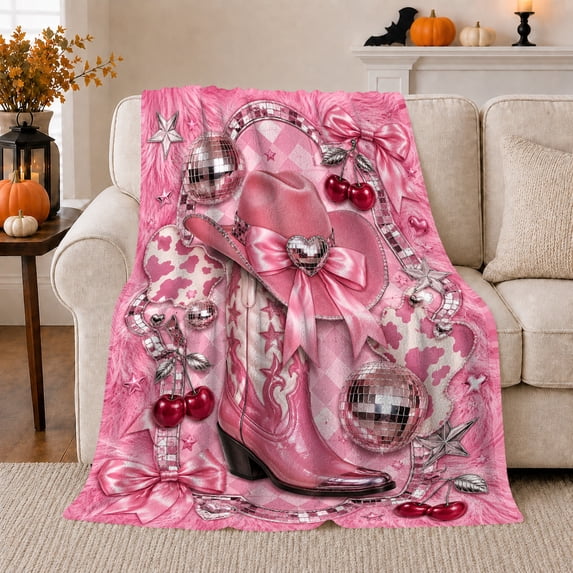 Pink Cowboy Boot Disco Ball autumn celebration, Playful Rustic Scene, Warm Flannel Blanket for Ranch House and Living Room, Animal Lovers Valentine's Day Gift, Rustic Home Decor