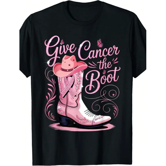 Pink Cowboy Boot Give Cancer The Boot Breast Cancer Awareness Graphic Cotton Men's Women's Tee Shirt