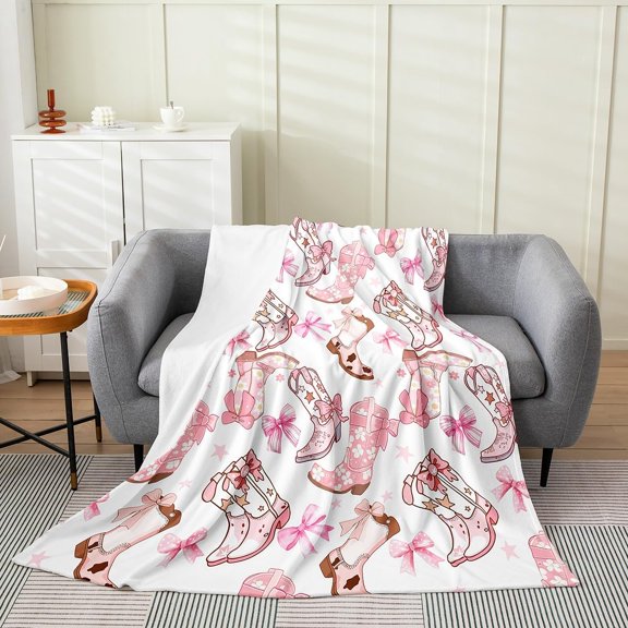 Pink Cowboy Boots And Bows Fleece Throw Blanket for Couch Sofa Bed