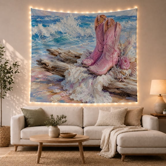 Pink Cowboy Boots on Beach Driftwood, Serene Coastal for Western Decor Fans, Western Coastal Decor, Housewarming Gift, Tapestry Wall Hanging for Bedroom and Entryway