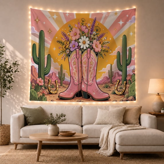 Pink Cowboy Boots with Daisies in Retro Western Sunset, Whimsical Boho Decor for Teen Girls, Country Art Print Birthday Gift, Tapestry Wall Hanging for Bedroom and Dorm