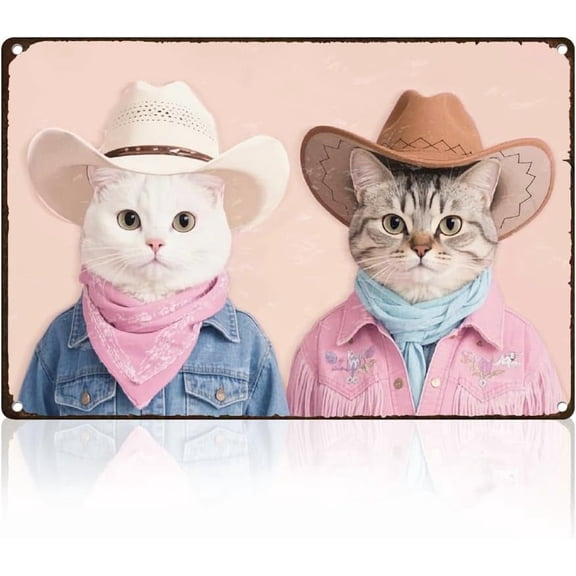 Pink Cowboy Cats Tin Sign Retro Metal Wall Decor 8" x 12" Funky Western Cute Kitty Wall Art Poster for Home Coffee Cafes Bathroom Office Clubs Decor Gift