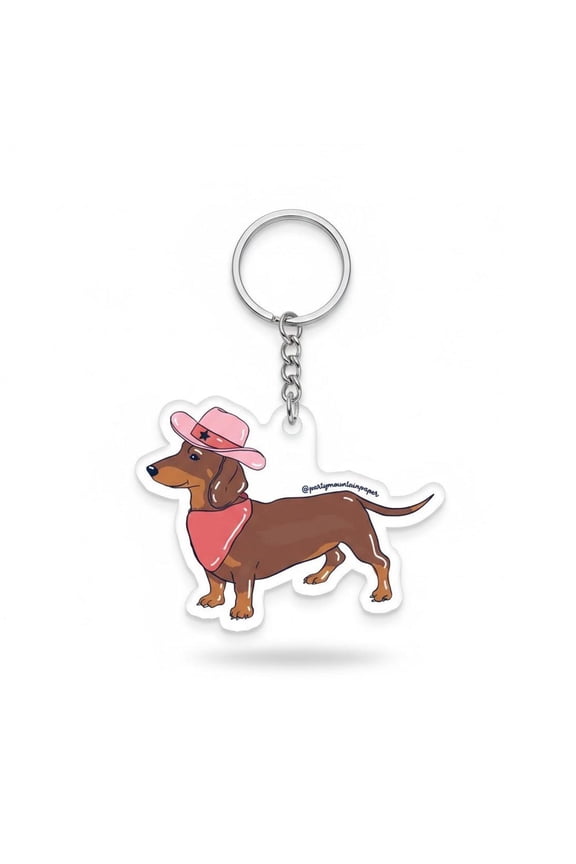 Pink Cowboy Dachshund Keychain, Cute Doxie Dog Acrylic Charm, Wiener Dog Lover Gift, Western Aesthetic Bag Accessory, Howdy Puppy Key Ring
