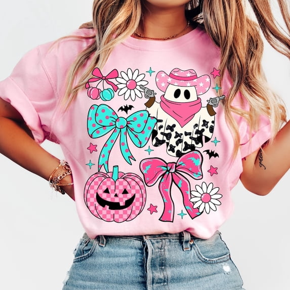 Pink Cowboy Ghost T-Shirt, Coquette Western Halloween Tee, Preppy Howdy Cowgirl Shirt, Girly Pink Pumpkin with Bow Graphic Tee for Spooky Season