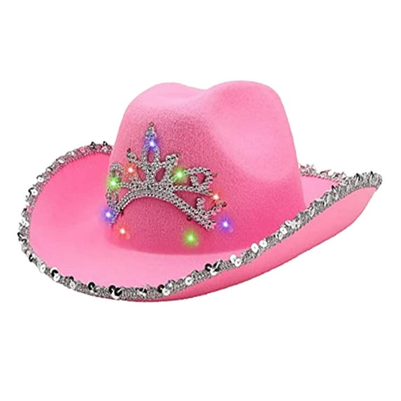 Pink Cowboy Hat Wide Brim with Tiara Design Western Style Felt Cowgirl Hat Women Costume Fancy Dress Party Feather brim