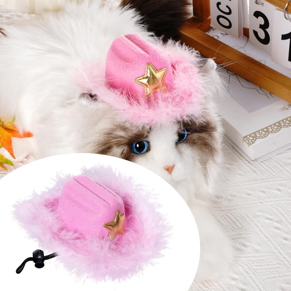 Pink Cowboy Hat for Pets, Western Accessory with Feather Trim & Star, Adjustable Chin Strap, for Small Dogs Cats Party Photoshoot 5.5"