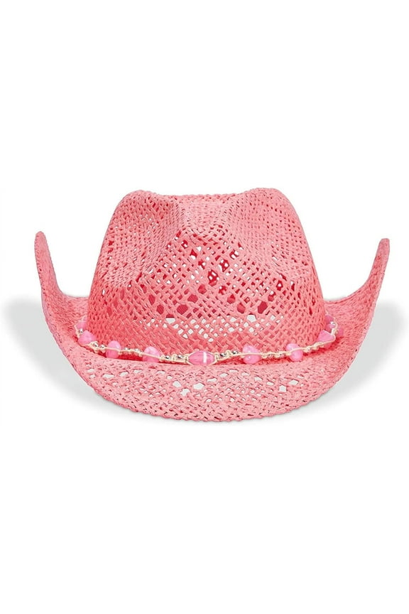 Pink Cowboy Hat for Women - Pink Straw Beach Hat, Cute Cowgirl Hat with Beaded Heart Trim and Braided Chain (Adult Size)