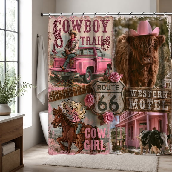 Pink Cowboy Shower Curtain, Western Cowgirl Bathroom Decor Curtain with Highland Cow, Cowboy Boots, Route 66 and Vintage Western Theme Design, Farmhouse Rustic Shower Curtain, 70.87 x 70.87 Inch
