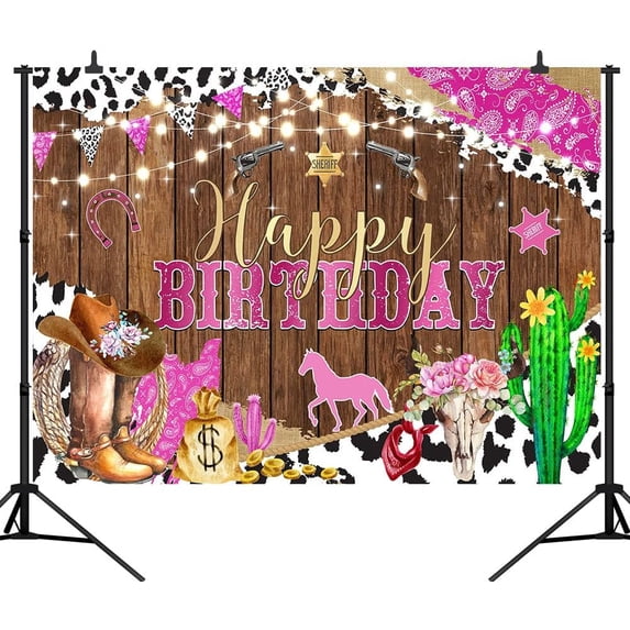 Pink Cowgirl Birthday Backdrop Rustic West Rodeo Boot Happy Birthday Background for Girls Western Country Birthday Party Decorations Banner Supplies Photo Booth Props