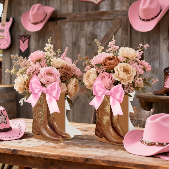 Pink Cowgirl Boot Floral Decor Set - Western Romantic Sweet Wild Style Party Centerpieces for Bridal Showers, Birthdays