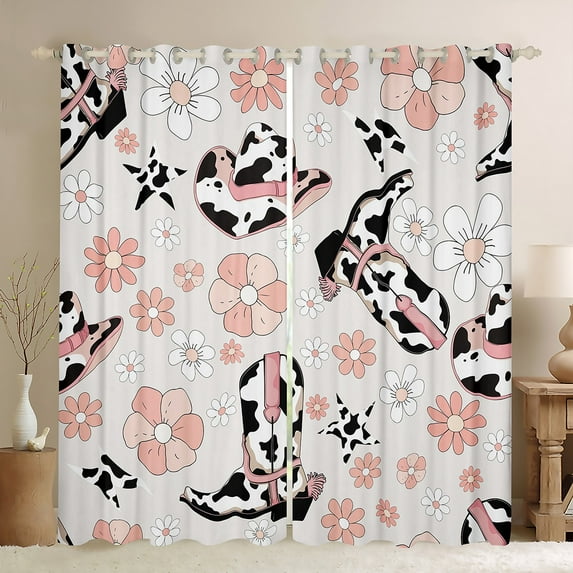 Pink Cowgirl Boot Hat Curtains,Western Milk Cow Print Curtains 30%-50% Blackout Bedroom Decor,Groovy Flower Curtains Rustic Country Farmhouse Window Curtains 2 Panels 42"Wx63"L