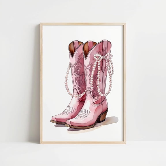 Pink Cowgirl Boots Coquette Western Wall Art, Unframed Paper Print Size 8x12