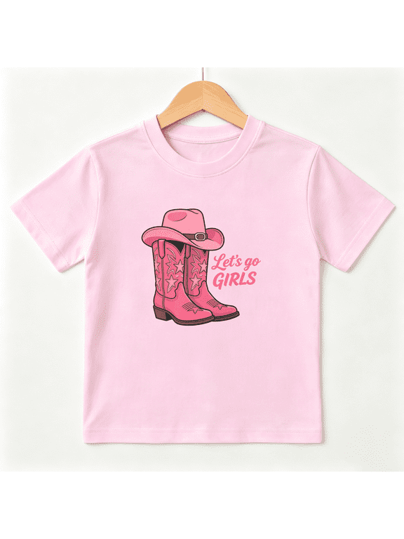 Pink Cowgirl Boots Girls Graphic Tee, Cute Western Country 100% Cotton Kids Short Sleeve T-Shirt