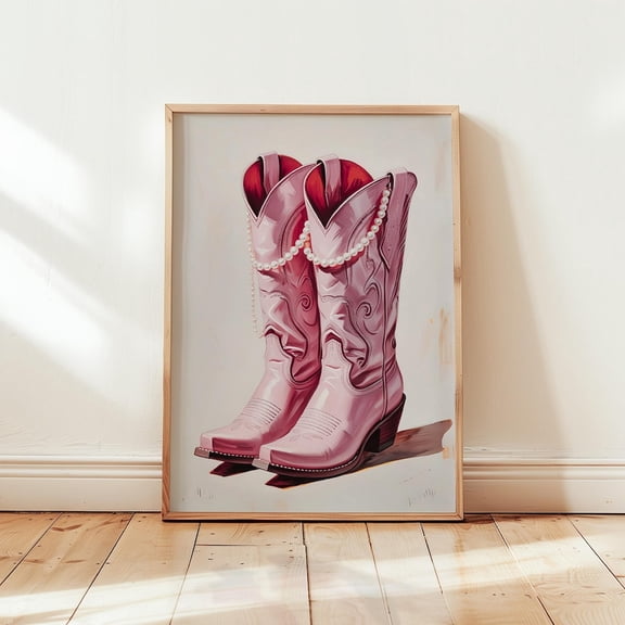 Pink Cowgirl Boots Western Summer Wall Art, Unframed Paper Print Size 8x12