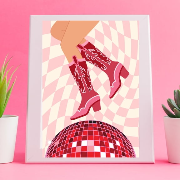 Pink Cowgirl Boots with Disco Ball Retro Western Party poster Aesthetic Cowgirl Style Wall Art Decor 8x12 UNFRAMED
