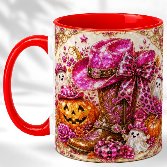 Pink Cowgirl Hat Coffee Mug, Western Boot Mug, Ceramic 11 oz