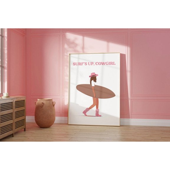 Pink Cowgirl Surfing Art Poster Trendy Western Decor Poster Decor For Living Room Bedroom, Unframed Poster Size 12x18 F03.1.14l1910