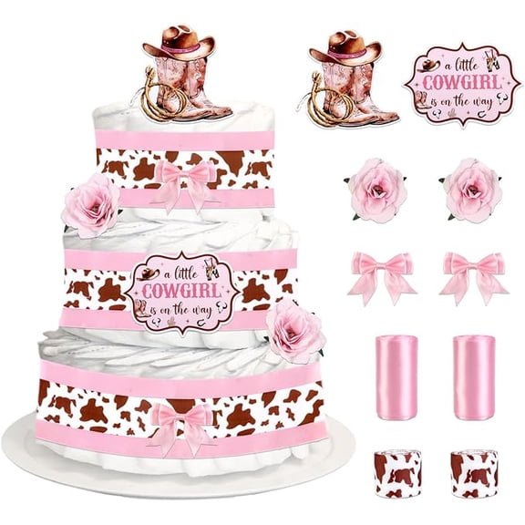 Pink Cowgirl Theme Diaper Cake Decorations for Baby Shower Party, Western Cowboy Print Ribbon Cards Artificial Flowers Pink Bows Decor, A Little Cowgirl Is on the Way Baby Shower Favors