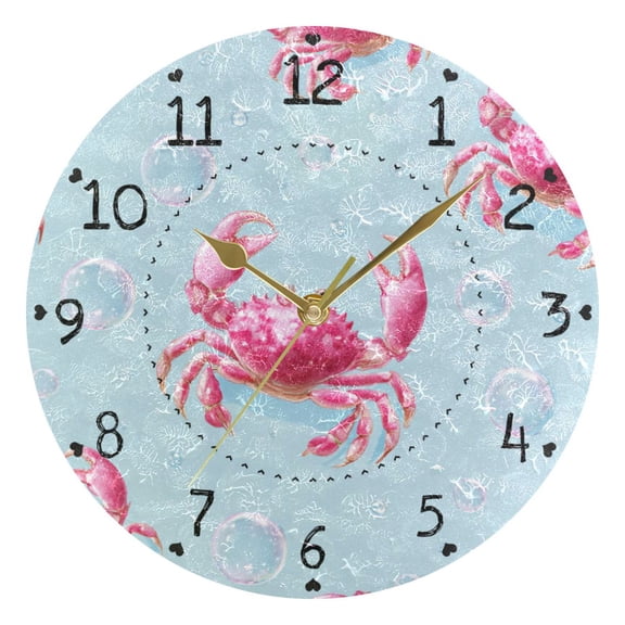 Pink Crabs Watercolor Bubbles Round Wall Clock Silent Analog Battery Operated Gold Pointer Home Decor 9.84" Diameter
