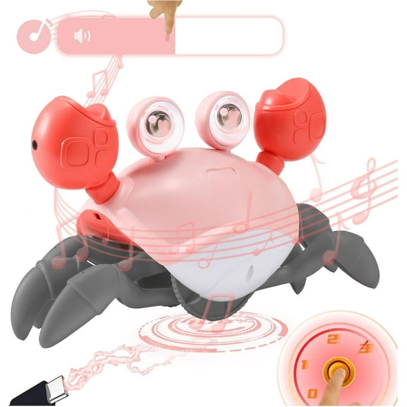 Pink Crawling Crab Toy 2.0 - Running Cute Sensory Crab Infant Girl month Gift Development Learning Crawl Baby - Voice&Rate Control - Automatic inductive obstacle avoidance - Music&Light